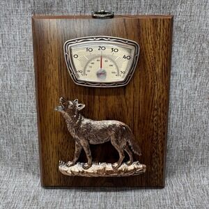 Vintage MCM Wooden Plaque Wall Thermometer Howling Wolf Metal